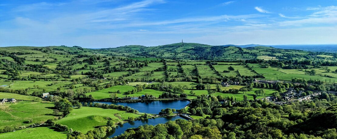 View of reservoirs and hills from Teggs Nose near Macclesfield on a summer's day